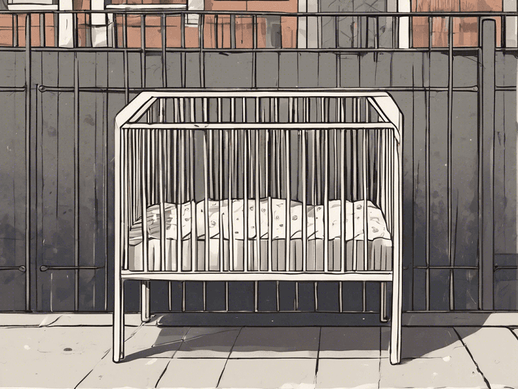 歩道に置かれたベビーベッドのイメージ画像